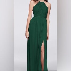 David’s Bridal Lace Chiffon Halter Open Back Long Juniper Bridesmaid Gown Size 4